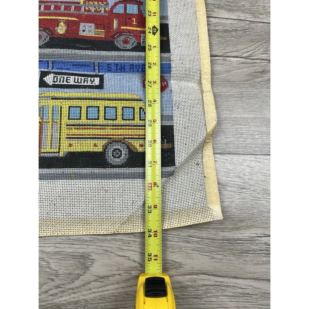 Handpainted Needlepoint Canvas Fire‎ Truck Police Car School Bus Train Airplane